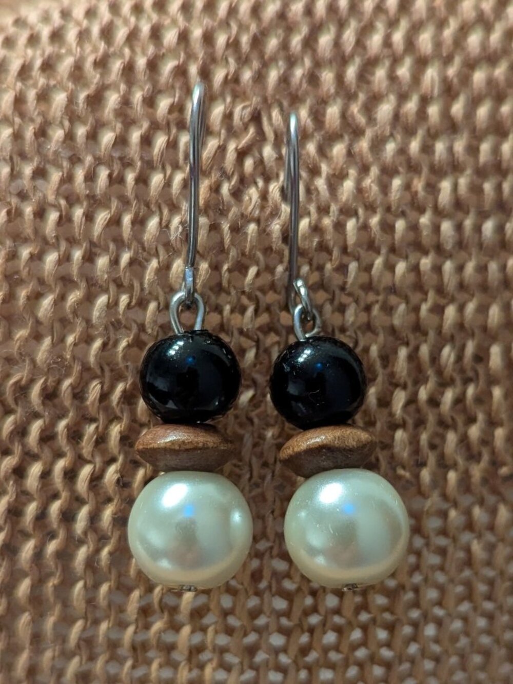 Handmade Pearl, Wood & Black Bead Dangle Earrings | Rustic Boho Style